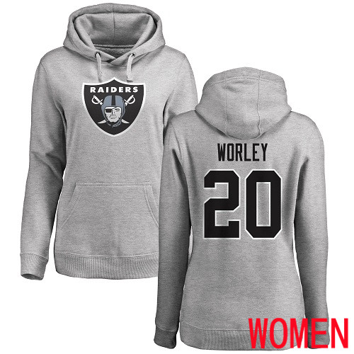Oakland Raiders Ash Women Daryl Worley Name and Number Logo NFL Football #20 Pullover Hoodie Sweatshirts